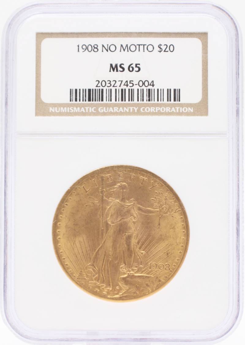 1908 NGC MS65 $20 Saint Gauden No Motto